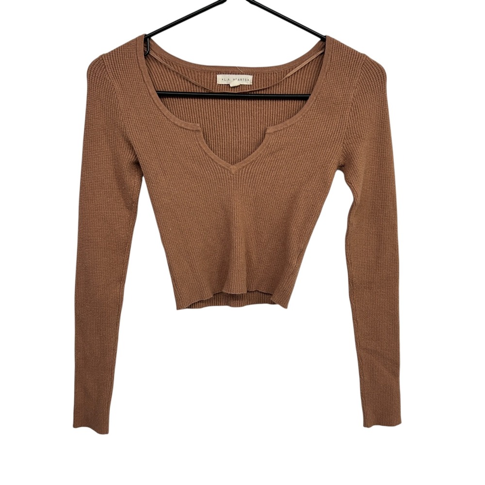 Y2K Rib Knit Crop Sweater Top Womens XS Brown Fitted Coquette Soft Girl‎